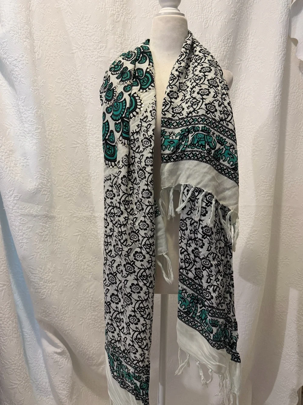Bohemian Teal Black Mandala oversized scarf with silver sequin detail  tassels
